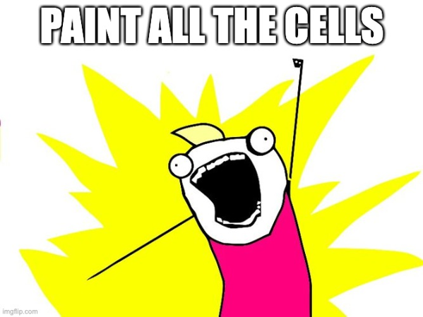 The 'X all the Y' meme stick figure shouting wildly with the caption 'PAINT ALL THE CELLS'.